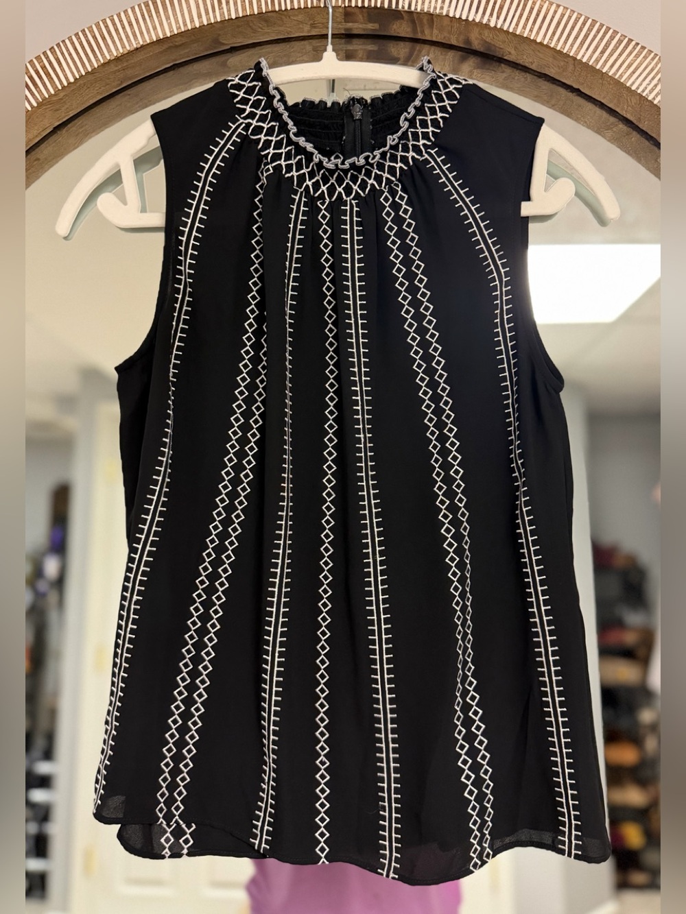 White House Black Market Black Sleeveless Embroidered Neck Top WHBM 2